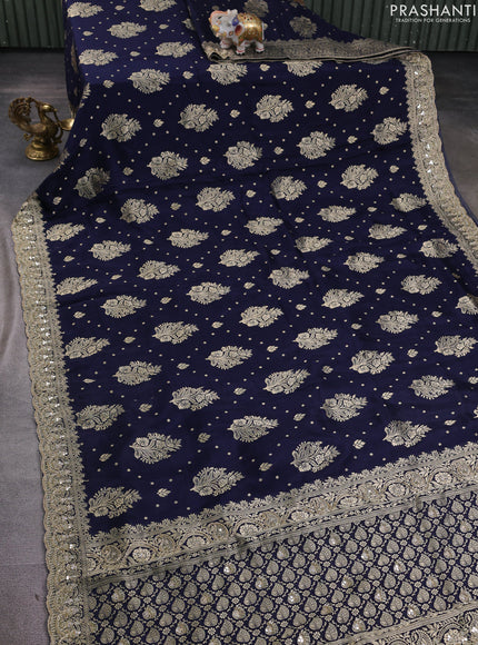 Banarasi silk saree navy blue with allover woven buttas and mirror & beaded work embroidery border