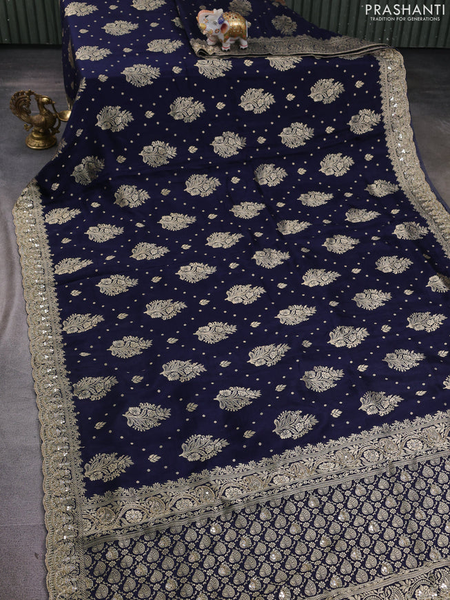 Banarasi silk saree navy blue with allover woven buttas and mirror & beaded work embroidery border