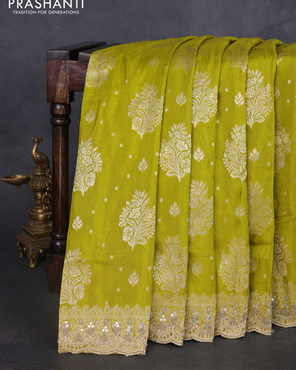 Banarasi silk saree lime green with allover woven buttas and mirror & beaded work embroidery border