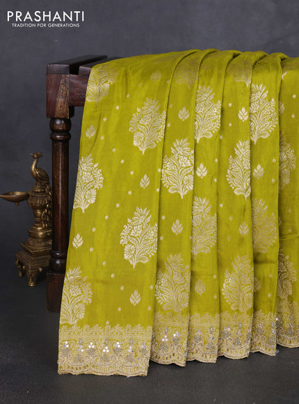 Banarasi silk saree lime green with allover woven buttas and mirror & beaded work embroidery border