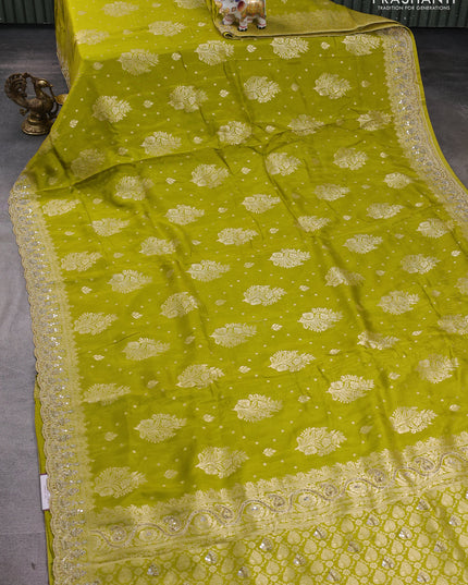 Banarasi silk saree lime green with allover woven buttas and mirror & beaded work embroidery border