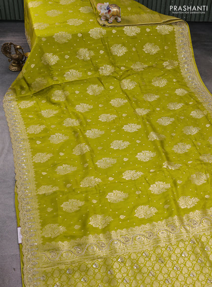 Banarasi silk saree lime green with allover woven buttas and mirror & beaded work embroidery border