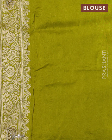 Banarasi silk saree lime green with allover woven buttas and mirror & beaded work embroidery border