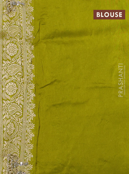Banarasi silk saree lime green with allover woven buttas and mirror & beaded work embroidery border