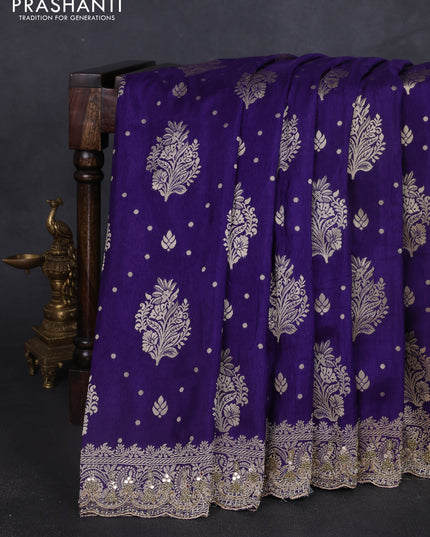Banarasi silk saree violet with allover woven buttas and mirror & beaded work embroidery border