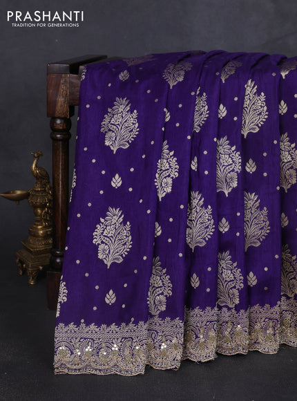 Banarasi silk saree violet with allover woven buttas and mirror & beaded work embroidery border