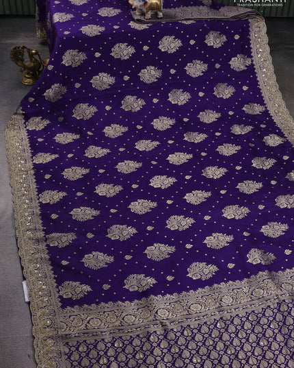 Banarasi silk saree violet with allover woven buttas and mirror & beaded work embroidery border