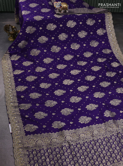 Banarasi silk saree violet with allover woven buttas and mirror & beaded work embroidery border