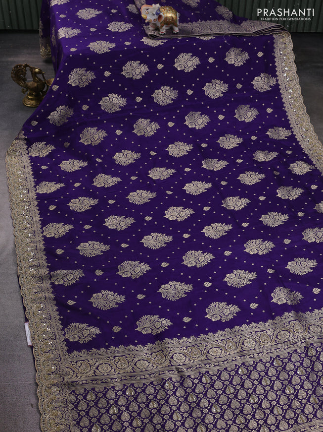 Banarasi silk saree violet with allover woven buttas and mirror & beaded work embroidery border