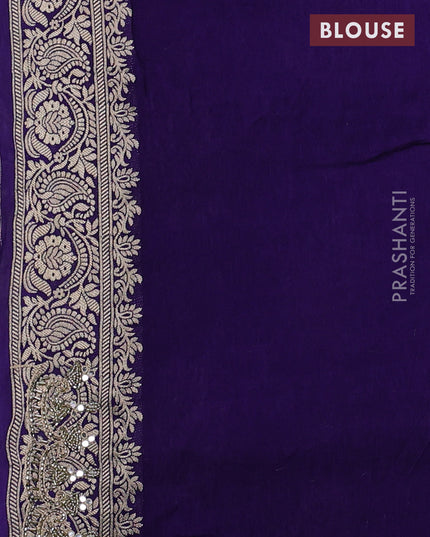 Banarasi silk saree violet with allover woven buttas and mirror & beaded work embroidery border