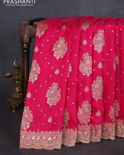 Banarasi silk saree pink with allover woven buttas and mirror & beaded work embroidery border