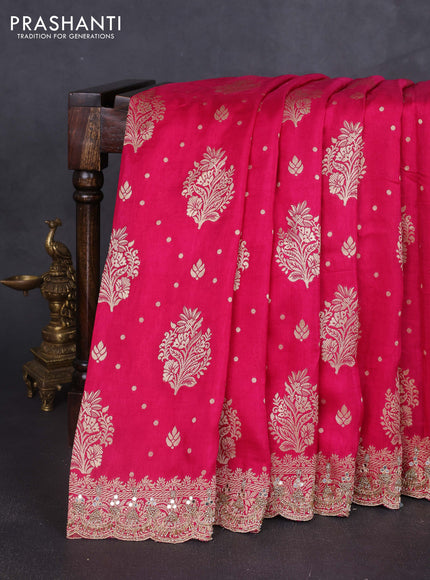 Banarasi silk saree pink with allover woven buttas and mirror & beaded work embroidery border