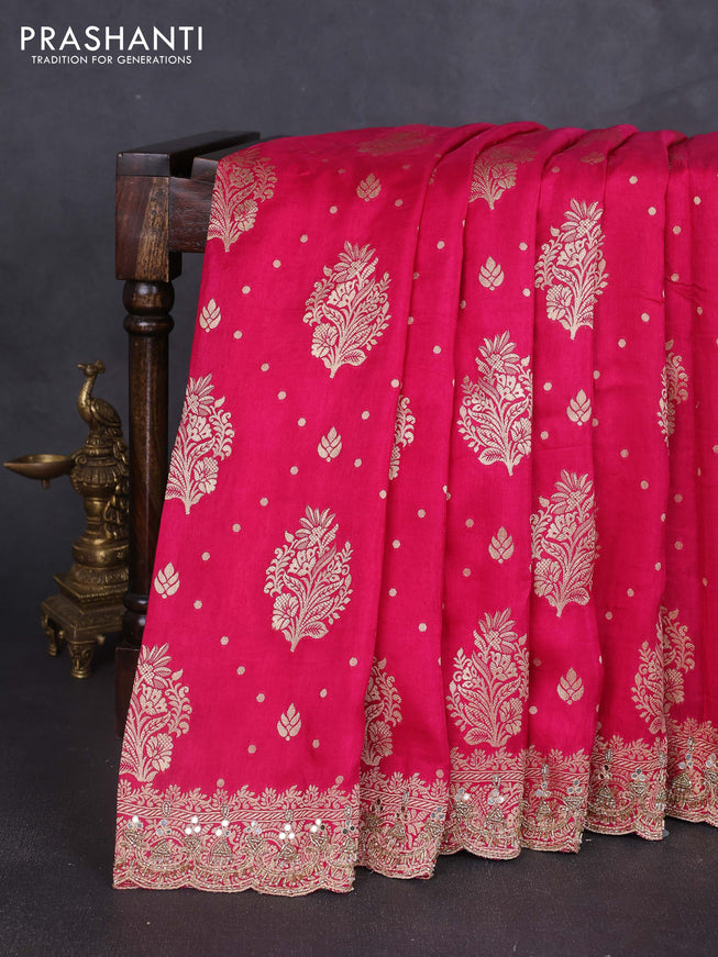 Banarasi silk saree pink with allover woven buttas and mirror & beaded work embroidery border
