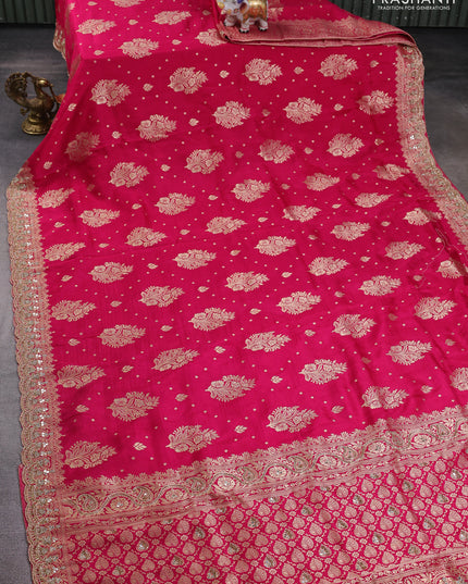 Banarasi silk saree pink with allover woven buttas and mirror & beaded work embroidery border