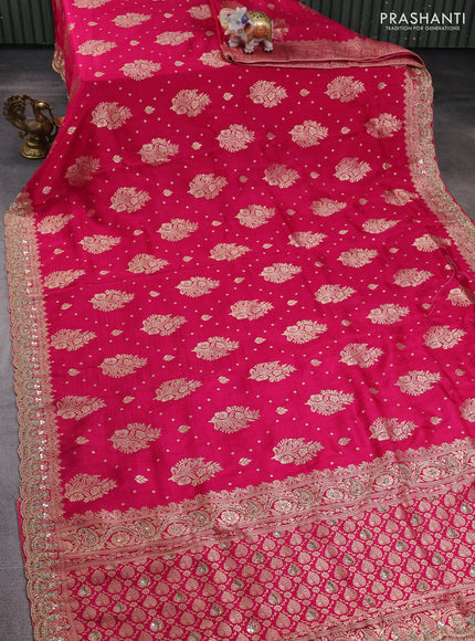 Banarasi silk saree pink with allover woven buttas and mirror & beaded work embroidery border