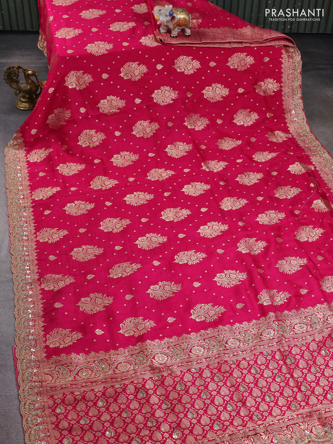 Banarasi silk saree pink with allover woven buttas and mirror & beaded work embroidery border