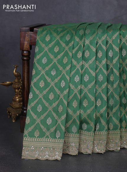 Banarasi silk saree green with allover thread & zari weaves and mirror work embroidery border