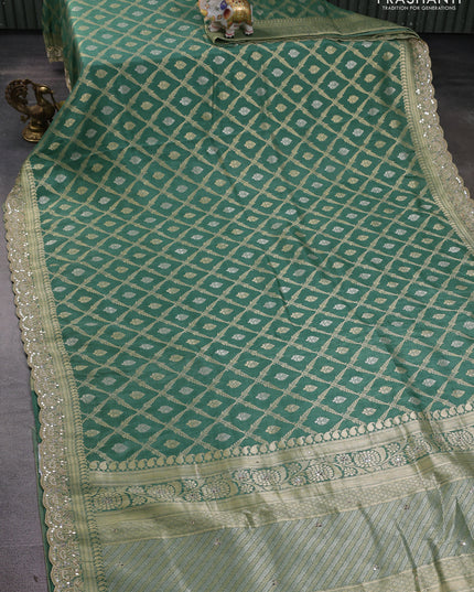 Banarasi silk saree green with allover thread & zari weaves and mirror work embroidery border