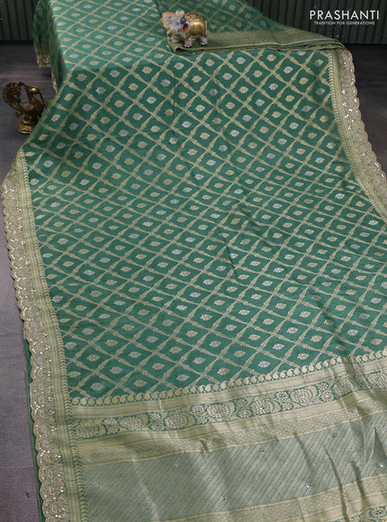 Banarasi silk saree green with allover thread & zari weaves and mirror work embroidery border