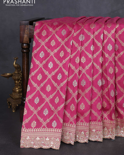 Banarasi silk saree pink with allover thread & zari weaves and mirror work embroidery border