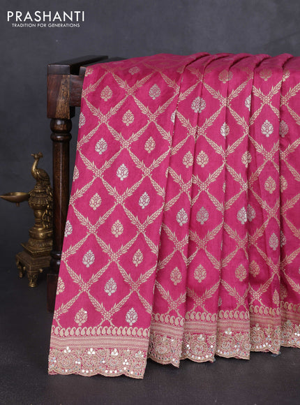 Banarasi silk saree pink with allover thread & zari weaves and mirror work embroidery border