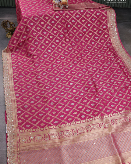 Banarasi silk saree pink with allover thread & zari weaves and mirror work embroidery border
