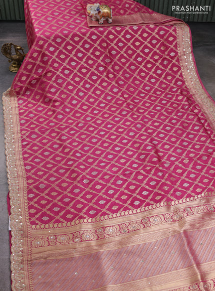 Banarasi silk saree pink with allover thread & zari weaves and mirror work embroidery border
