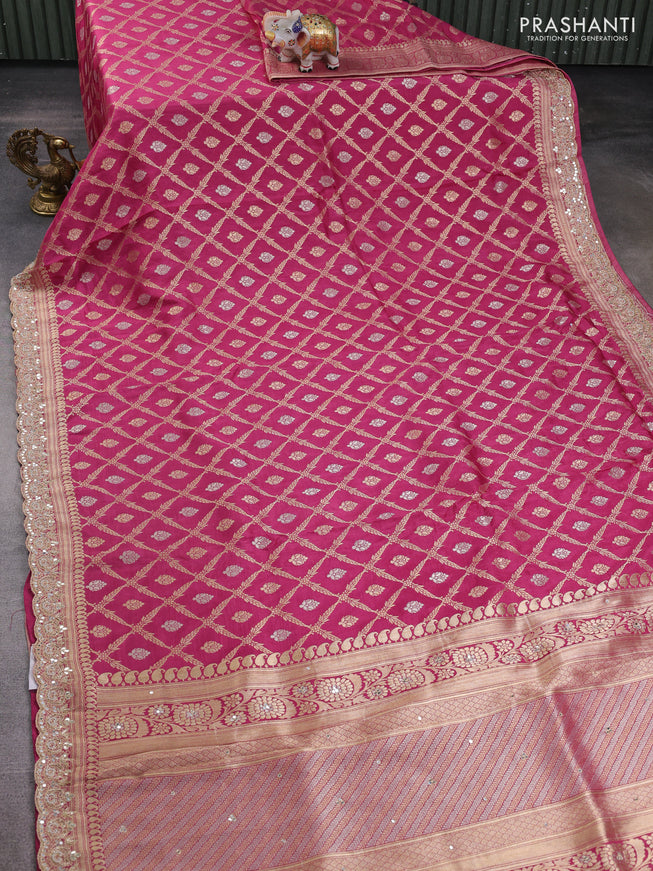 Banarasi silk saree pink with allover thread & zari weaves and mirror work embroidery border