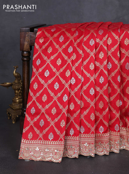 Banarasi silk saree red with allover thread & zari weaves and mirror work embroidery border