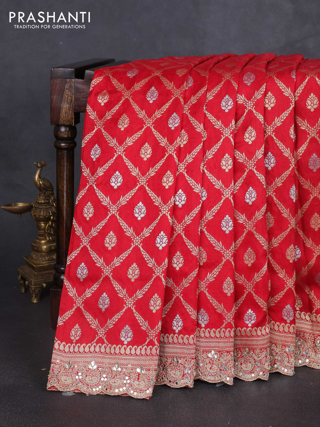 Banarasi silk saree red with allover thread & zari weaves and mirror work embroidery border