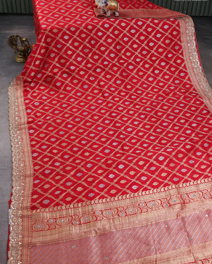 Banarasi silk saree red with allover thread & zari weaves and mirror work embroidery border
