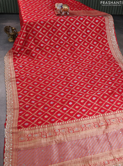 Banarasi silk saree red with allover thread & zari weaves and mirror work embroidery border