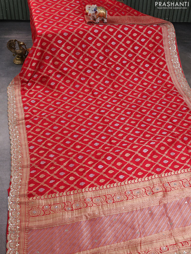 Banarasi silk saree red with allover thread & zari weaves and mirror work embroidery border