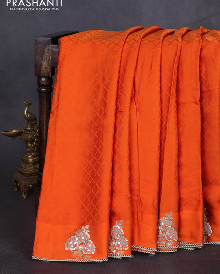 Banarasi silk saree orange with allover self emboss and mirror work embroidery pallu
