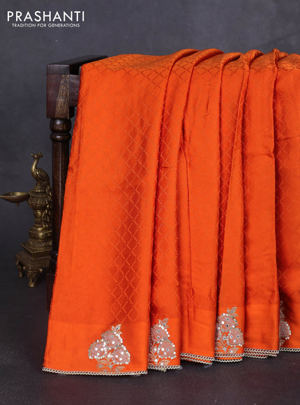 Banarasi silk saree orange with allover self emboss and mirror work embroidery pallu