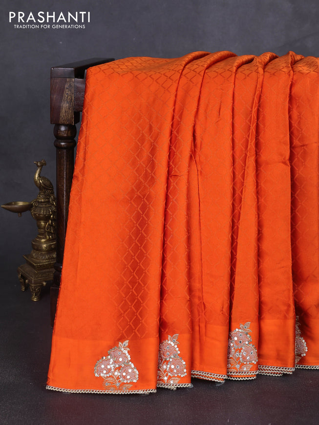 Banarasi silk saree orange with allover self emboss and mirror work embroidery pallu