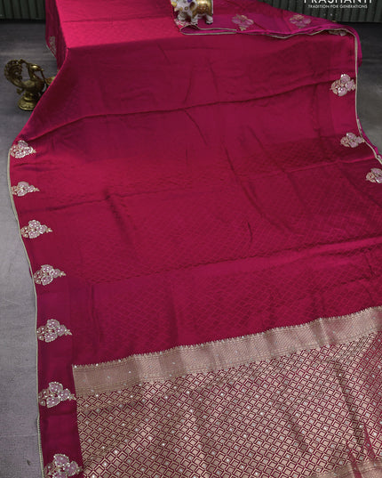 Banarasi silk saree dark pink with allover self emboss and mirror work embroidery pallu