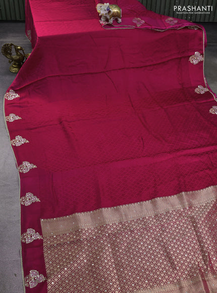 Banarasi silk saree dark pink with allover self emboss and mirror work embroidery pallu