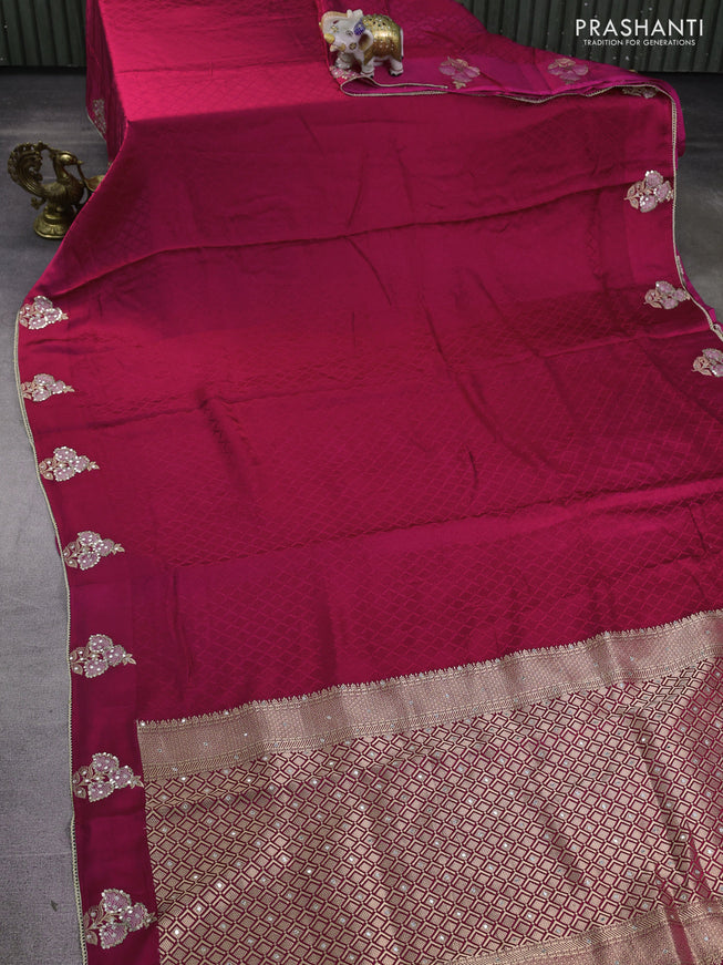 Banarasi silk saree dark pink with allover self emboss and mirror work embroidery pallu