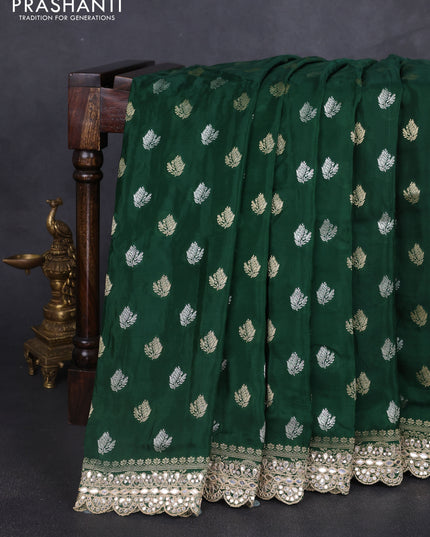 Banarasi silk saree bottle green with allover silver & gold zari woven buttas and mirror work embroidery border