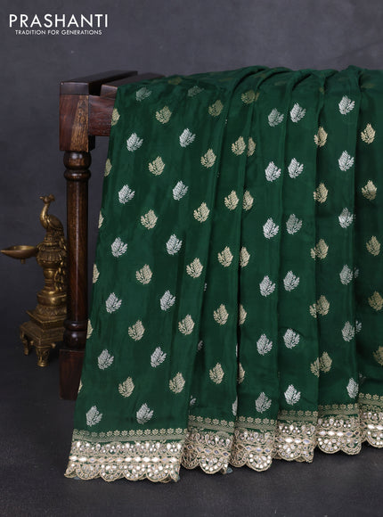 Banarasi silk saree bottle green with allover silver & gold zari woven buttas and mirror work embroidery border