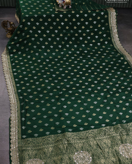 Banarasi silk saree bottle green with allover silver & gold zari woven buttas and mirror work embroidery border