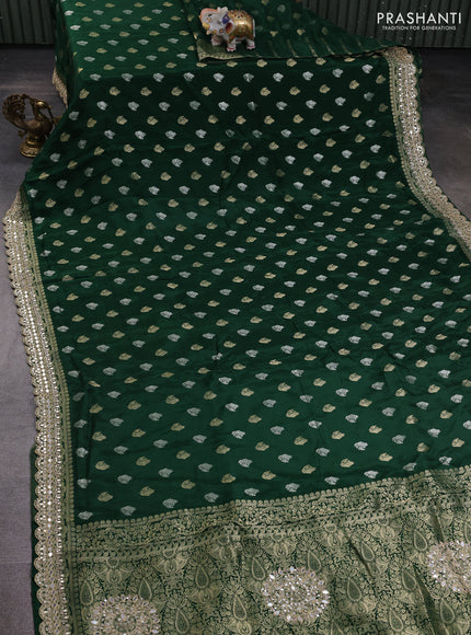Banarasi silk saree bottle green with allover silver & gold zari woven buttas and mirror work embroidery border