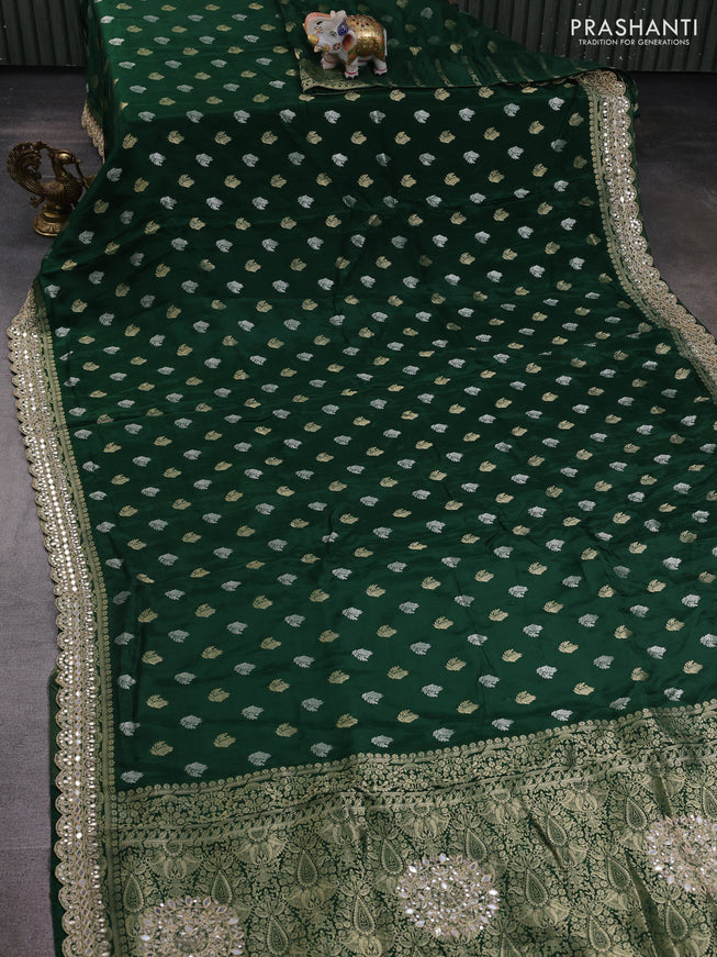 Banarasi silk saree bottle green with allover silver & gold zari woven buttas and mirror work embroidery border