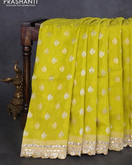 Banarasi silk saree lime green with allover silver & gold zari woven buttas and mirror work embroidery border