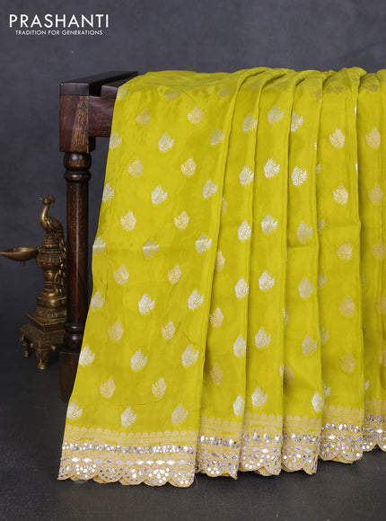 Banarasi silk saree lime green with allover silver & gold zari woven buttas and mirror work embroidery border