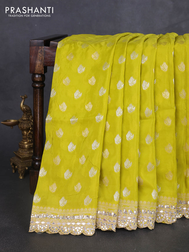 Banarasi silk saree lime green with allover silver & gold zari woven buttas and mirror work embroidery border