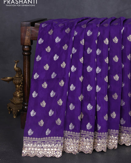 Banarasi silk saree violet with allover silver & gold zari woven buttas and mirror work embroidery border