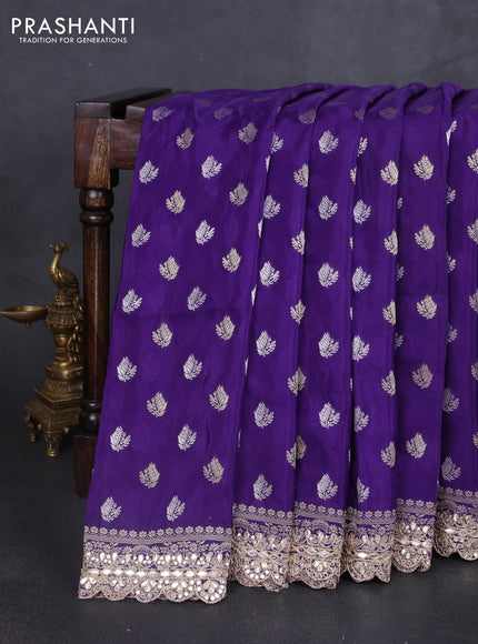 Banarasi silk saree violet with allover silver & gold zari woven buttas and mirror work embroidery border