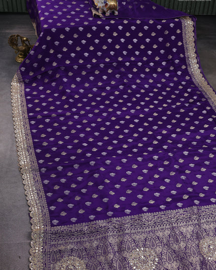 Banarasi silk saree violet with allover silver & gold zari woven buttas and mirror work embroidery border